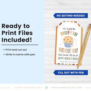 May include: A digital print file with the text "Ready to Print Files Included!" and instructions. A tag with a muffin graphic and the text "We Would Be MUFFIN Without You!" is included. A gold pen is also present.