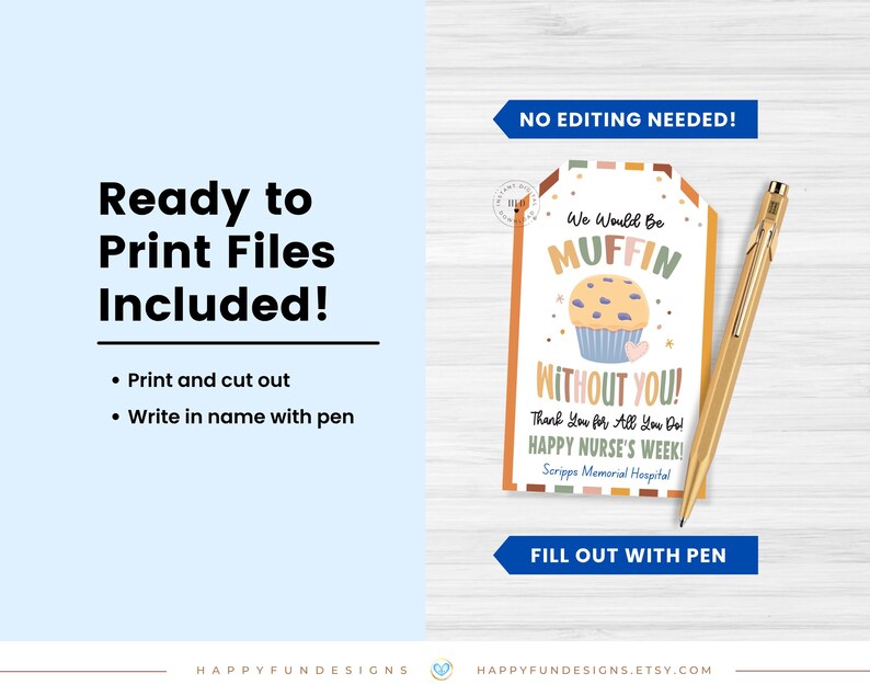 May include: A digital print file with the text "Ready to Print Files Included!" and instructions. A tag with a muffin graphic and the text "We Would Be MUFFIN Without You!" is included. A gold pen is also present.
