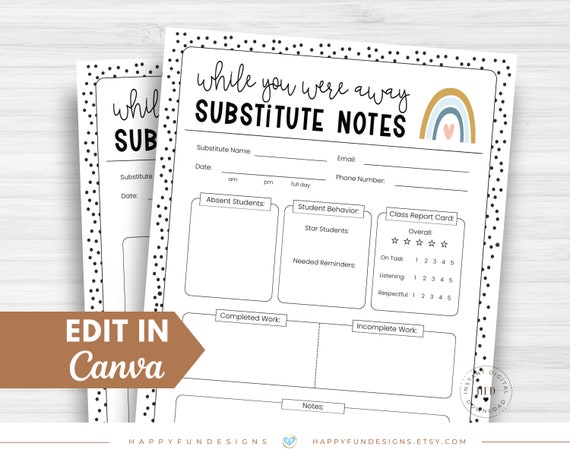 Substitute Teacher Note Template Editable, While You Were Away, Substitute Resource Note Feedback Form, Substitute Teacher Resource Binder