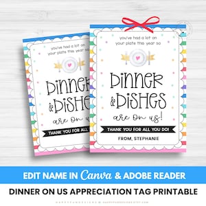 Editable Dinner And Dishes On Us Teacher Tag Printable, Teacher Gift Paper Plates, PTA PTO Thank You Teacher Appreciation Week, End of Year