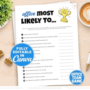May include: A white paper sheet featuring an Office Most Likely To game with a yellow trophy illustration. The text includes fifteen numbered prompts and lines for writing names. A blue circular badge states Fully Editable In Canva.