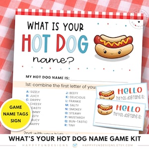 Was ist Ihr Hot Dog Name Game Kit zum Ausdrucken, Kinder Hinterhof Camping Hot Dog-Geburtstagsfeier, 4. Juli Familientreffen-Spiel, BBQ-Babyparty
