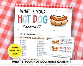 Whats Your Hot Dog Name Game Kit Printable, Kids Backyard Camping Hot Dog Birthday Party, 4th of July Family Reunion Game, BBQ Baby Shower