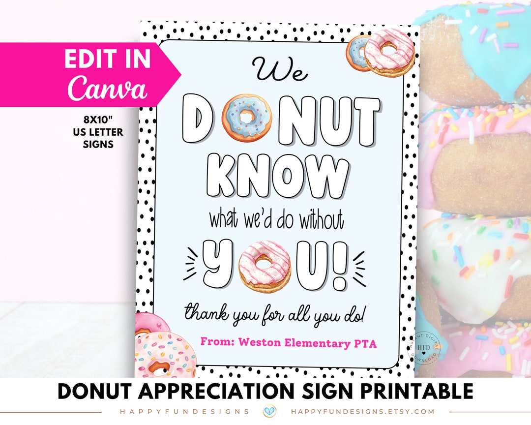 Donut You Know Appreciation Editable Sign Printable, Donuts for Staff ...