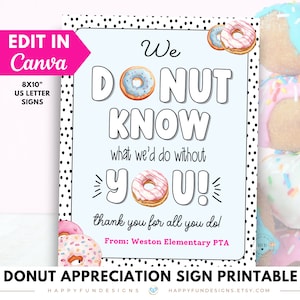 Donut You Know Appreciation Editable Sign Printable, Donuts for Staff Teacher Nurse Employee Appreciation Breakfast School PTO PTA Thank You