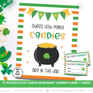 Giorno di San Patrizio Indovina quante caramelle ci sono nel barattolo gioco stampabile, gioco di indovinelli barattolo, gioco facile di San Patrizio, gioco verde in aula di San Patrizio
