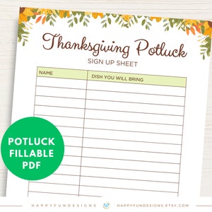 Może przedstawiać: Drukowana lista uczestników potlucka z okazji Święta Dziękczynienia z jesienną ramką z pomarańczowych, żółtych i zielonych liści. Arkusz zawiera kolumny z nazwiskami i potrawami, które mają być przyniesione. Tekst "Thanksgiving Potluck" i "Sign Up Sheet" jest wydrukowany w kolorze brązowym.