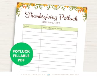 Thanksgiving Potluck Sign Up Sheet Printable Fillable, Office Holiday Potluck, Church Potluck, Block Party Fall Potluck, School Sign Up