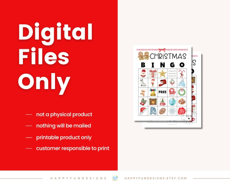 May include: Printable Christmas Bingo cards with a red and white color scheme. The cards feature a variety of Christmas-themed images, including a gingerbread man, a stocking, a wreath, and a bell. The text "CHRISTMAS BINGO" is printed in black letters on a red background.