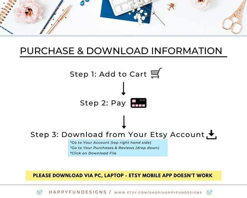 May include: A graphic with instructions on how to purchase and download digital items from Etsy. The steps include adding to cart, paying, and downloading from your Etsy account. The graphic also includes a note that downloading via a PC or laptop is recommended, as the Etsy mobile app does not work for downloading digital items.