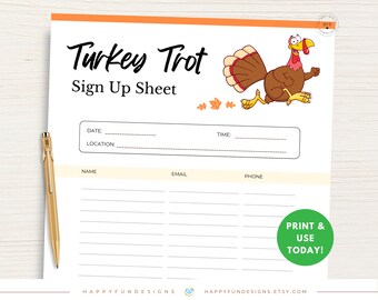 Turkey Trot Sign Up Sheet Printable, 5k 10k Walk Run Race, Church Sign Up, PTA Fun Run, Team Building Sign Up, Thanksgiving Kids Fun Run