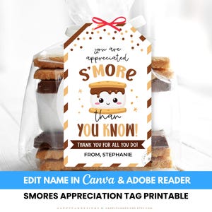 May include: A clear cellophane bag filled with s'mores, tied with a white ribbon and a red bow. A brown tag with the text "you are appreciated s'more than you know!" and a cute s'more graphic is attached. The tag reads "Thank you for all you do!"