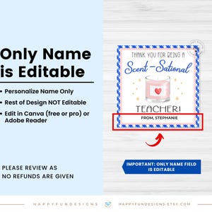 Editable Thank You Being Scentsational Teacher Candle Tag, Scent-sational Teacher Candle Tag, Thank You Teacher PTO PTA End Of Year Gift Tag image 2