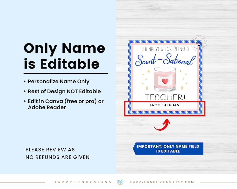 Editable Thank You Being Scentsational Teacher Candle Tag, Scent-sational Teacher Candle Tag, Thank You Teacher PTO PTA End Of Year Gift Tag image 2