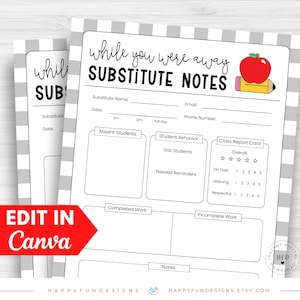 Substitute Teacher Note Template Editable, While You Were Away, Substitute Resource Note Feedback Form, Substitute Teacher Resource Binder