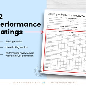May include: Black and white printable employee performance evaluation form with 12 performance categories, including job knowledge, quality of work, productivity, time management, attention to detail, problem solving, communication, teamwork & collaboration, organization, adaptability & flexibility, customer service, attendance & punctuality, and overall rating. Each category has five rating options: exceeds expectations, meets expectations, needs improvement, fails to meet expectations, and not applicable.