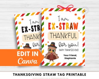 Editable Ex-Straw Thankful For You Tag Printable, Crazy Straw Holder Tag, Kindergarten PreK Thanksgiving Party Class Friend Non Candy Favor
