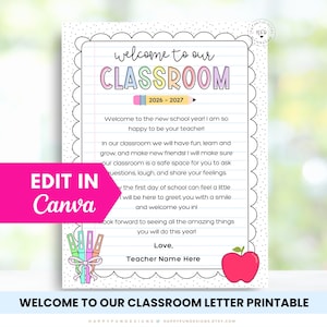 Editable Back to School Welcome To Our Classroom Letter Printable Meet The Teacher Letter to Parent First Day Letter From Teacher to Student