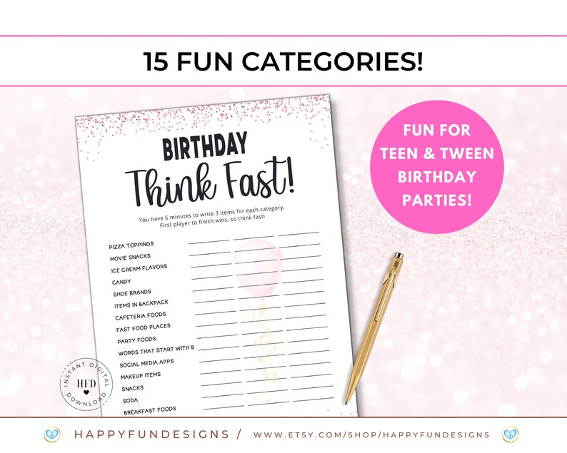 Think Fast Game Printable Think Quick Tween Birthday Game Etsy