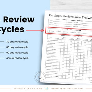 May include: Black and white printable employee performance evaluation form with a section for employee information, type of evaluation, and performance ratings. The form includes categories such as job knowledge and skills, quality of work, productivity, time management, attention to detail, problem solving, communication, teamwork and collaboration, organization, adaptability and flexibility, customer service, attendance and punctuality, and overall rating. The form has checkboxes for each category and rating level.