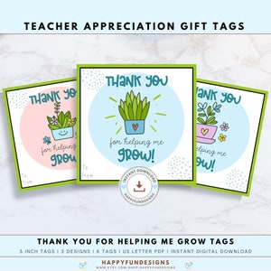 Teacher Appreciation Gift Tags Printable, Thank You for Helping Me Grow Printable Tags, Teacher Day Thank You Tags, Succulent Gift Tags, PDF