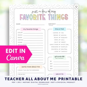 Editable Teacher Favorite Things Form, Get to Know Teacher Printable, Favorite Things List, All About Me Questionnaire, Team Building Survey