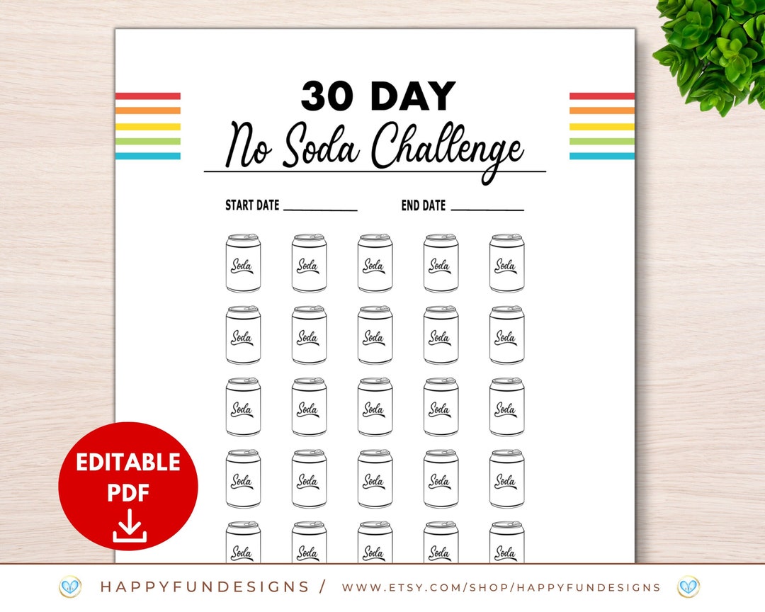 30 Day No Soda Tracker Printable, 30 Day Challenge Tracker, Editable ...