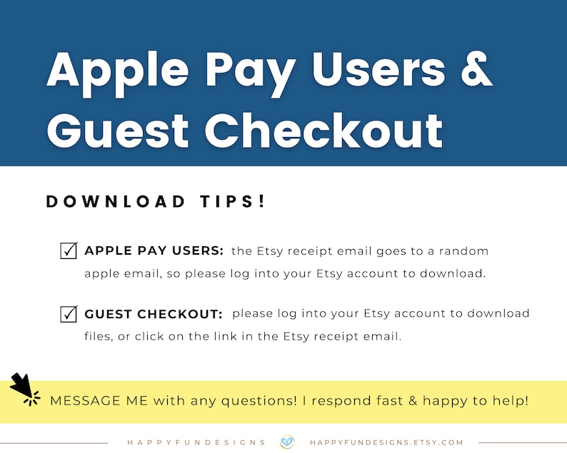 Puede incluir: Un gr&aacute;fico azul y blanco con el texto "Apple Pay Users & Guest Checkout" e instrucciones para descargar archivos digitales comprados usando Apple Pay o el pago de invitado en Etsy.