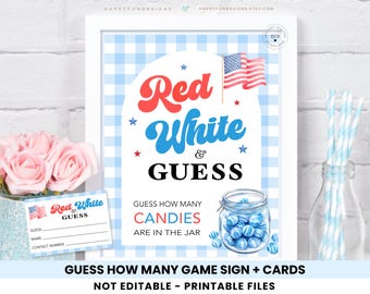 Red White And Guess Game Printable, Guess How Many Candy Game Sign Cards, 250 Anniversary Game, 4th of July Guess How Many Birthday Girl Boy
