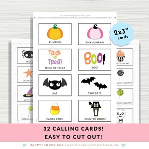 May include: A set of 32 printable Halloween bingo calling cards featuring various Halloween-themed images, including a pumpkin, a bat, a witch's hat, a haunted house, and a candy corn. The cards are 2x3 inches and are easy to cut out. The text on the cards reads "Trick or Treat!" and "Boo!"