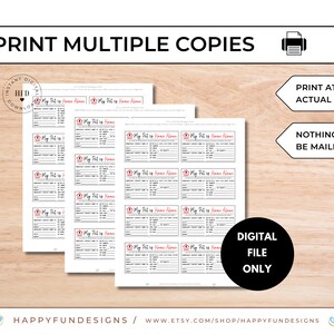 May include: Printable digital file of a "My Pet is Home Alone" checklist. The checklist is designed to be printed multiple times and includes spaces for pet information, emergency contact information, and instructions for pet care.