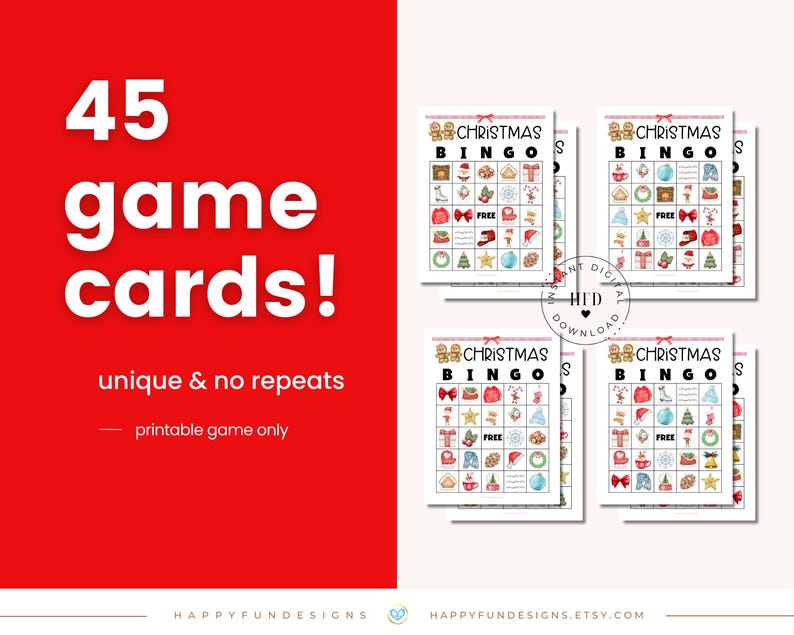 May include: A set of 45 printable Christmas bingo cards with a variety of festive images, including ornaments, presents, and Santa Claus. The cards are unique and have no repeats.  The text "Christmas Bingo" is at the top of each card.