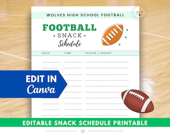 Editable Football Snack Schedule Printable, Football Snack Sign Up Sheet List, Football Game Day Snack Treat List, Football Team Mom Binder