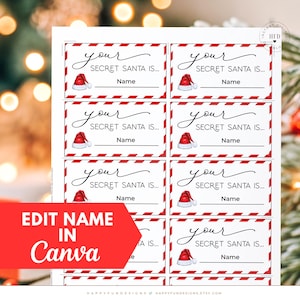 Pode incluir: Uma folha de etiquetas de presente Secret Santa com uma borda listrada em vermelho e branco. Cada etiqueta apresenta o texto "your SECRET SANTA IS..." e um gráfico de chapéu de Papai Noel. O texto "Name" está abaixo. As palavras "EDIT NAME IN Canva" estão em uma faixa vermelha.