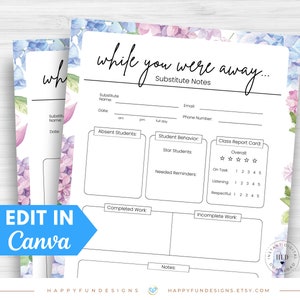 Substitute Teacher Note Template Editable, While You Were Away, Substitute Resource Note Feedback Form, Substitute Teacher Resource Binder