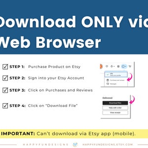 K&ouml;nnte beinhalten: Eine blaue und wei&szlig;e Grafik mit einer Checkliste der Schritte zum Herunterladen eines digitalen Produkts von Etsy. Die Schritte umfassen den Kauf des Produkts, die Anmeldung bei Ihrem Etsy-Konto, das Klicken auf K&auml;ufe und Bewertungen und das Klicken auf "Datei herunterladen". Die Grafik enth&auml;lt auch einen Screenshot der Etsy-Website, auf der der Download-Button angezeigt wird. Die Grafik enth&auml;lt den Text "Download NUR &uuml;ber den Webbrowser" und "WICHTIG: Kann nicht &uuml;ber die Etsy-App (mobil) heruntergeladen werden."