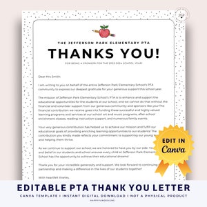 Gracias por la recaudación de fondos de la escuela, agradecimiento de la PTA PTO, carta de agradecimiento de donación editable, fin de año de la PTA, presidente de la pta, folleto editable de la pta pto
