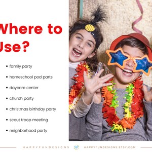 Puede incluir: Tres ni&ntilde;os llevan gorros de fiesta coloridos y accesorios, incluyendo gafas de sol en forma de estrella, un collar de flores y una peluca verde. Est&aacute;n sonriendo y riendo. El texto "&iquest;D&oacute;nde usar?" est&aacute; escrito en letras rojas sobre una lista de ideas para fiestas, que incluyen fiesta familiar, partes de pod de escuela en casa, guarder&iacute;a, fiesta de la iglesia, fiesta de cumplea&ntilde;os de Navidad, reuni&oacute;n de tropa de exploradores y fiesta de vecindario.