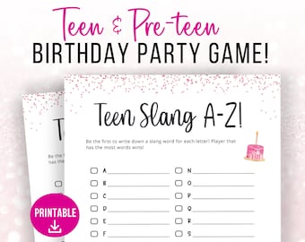 Teen Birthday A-Z Game, Slang Game, Teen Girl Birthday Games, Printable Party Game for Teen, Pink Slumber Party, Tween Birthday Party Idea