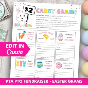 May include: Printable Easter Candy Gram fundraiser template with colorful illustrations of a bunny, chick, gnome, peep, egg, and donut. The template includes space for the recipient's name, grade, teacher, and a message. The text on the template reads "$2 Candy Grams" and "PTA PTO Fundraiser - Easter Grams".