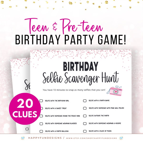 Scavenger Hunt for Teens Birthday Selfie Game, Selfie Scavenger Hunt Game Printable Tween Scavenger Hunt, Teen Girl Games Pink Slumber Party