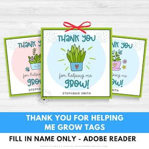Teacher Appreciation Gift Tags Printable, Thank You for Helping Me Grow Printable Tags, Teacher Day Thank You Tags, Succulent Gift Tags, PDF