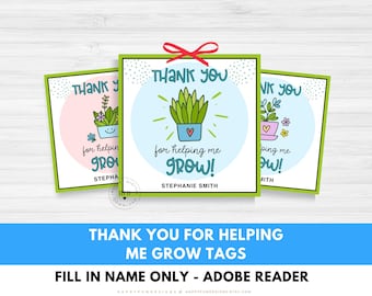 Teacher Appreciation Gift Tags Printable, Thank You for Helping Me Grow Printable Tags, Teacher Day Thank You Tags, Succulent Gift Tags, PDF