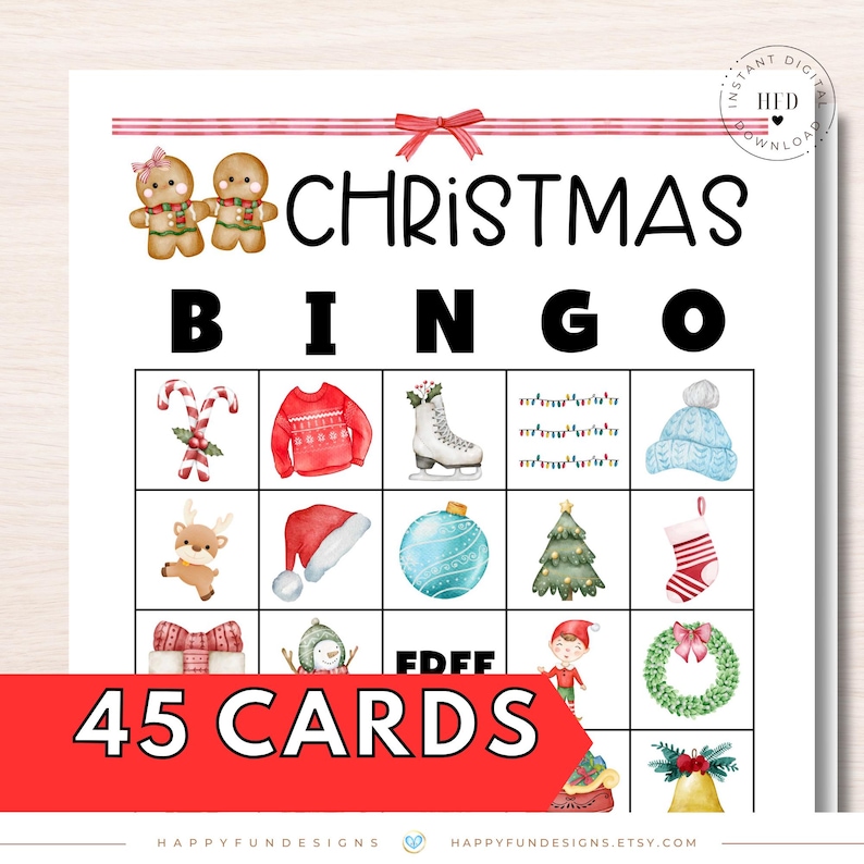 May include: A printable Christmas Bingo game with 45 cards. The game board features a variety of Christmas-themed images, including candy canes, a sweater, ice skates, lights, a hat, a reindeer, a Santa hat, an ornament, a Christmas tree, a stocking, a gift, a snowman, an elf, a wreath, a stocking, and a bell.