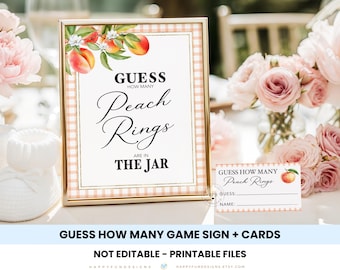 Guess How Many Peach Rings Game Sign Cards Printable Peach Baby Shower Guessing Game Jar, Sweet Peach On Its Way, Sweet Peach First Birthday