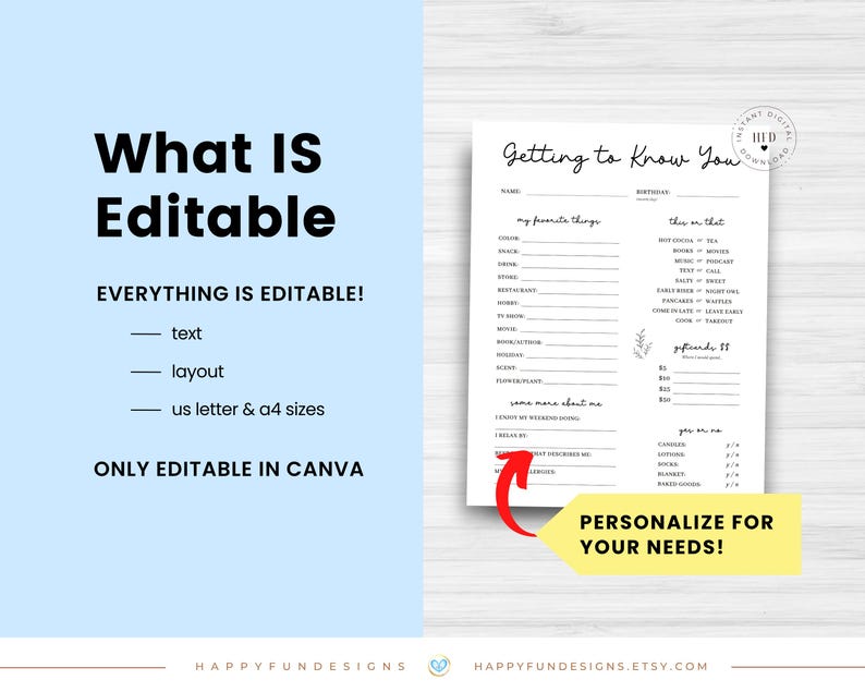 Editable Getting to Know You Printable, LDS Young Womens Ministry Secret Sister, All About Me Favorite Things, Get to Know Coworker Survey image 2