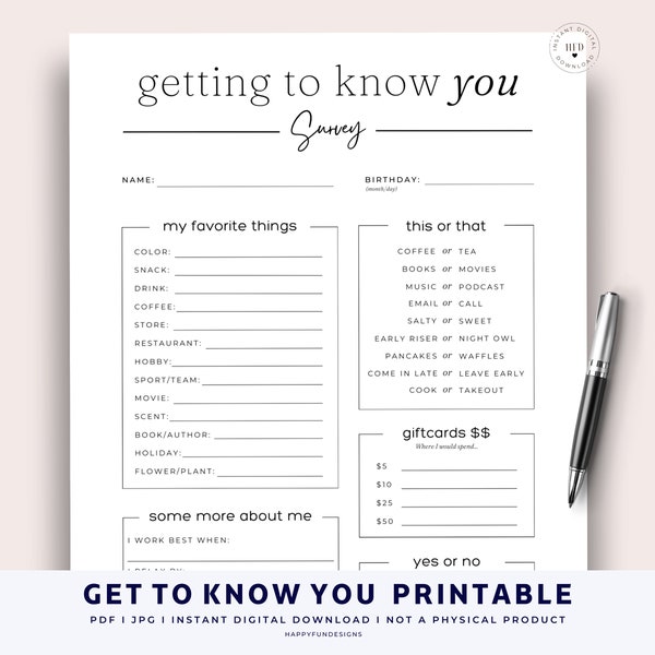 Get to Know You Printable, Work Exchange Gift, Editable Survey, All About Me Coworker Questionnaire, Employee Favorite, Team Building Survey