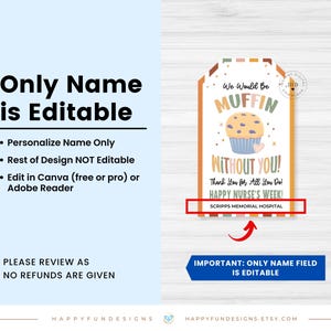 May include: A digital tag design with the text "We Would Be MUFFIN Without You!" and "HAPPY NURSE'S WEEK!" The tag features a cupcake illustration and is customizable. The text "Only Name is Editable" is also displayed.