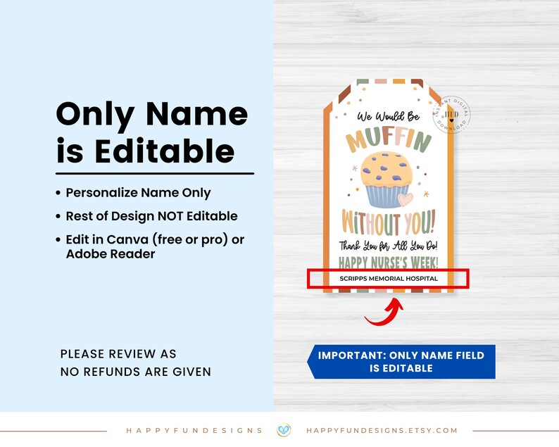 May include: A digital tag design with the text "We Would Be MUFFIN Without You!" and "HAPPY NURSE'S WEEK!" The tag features a cupcake illustration and is customizable. The text "Only Name is Editable" is also displayed.