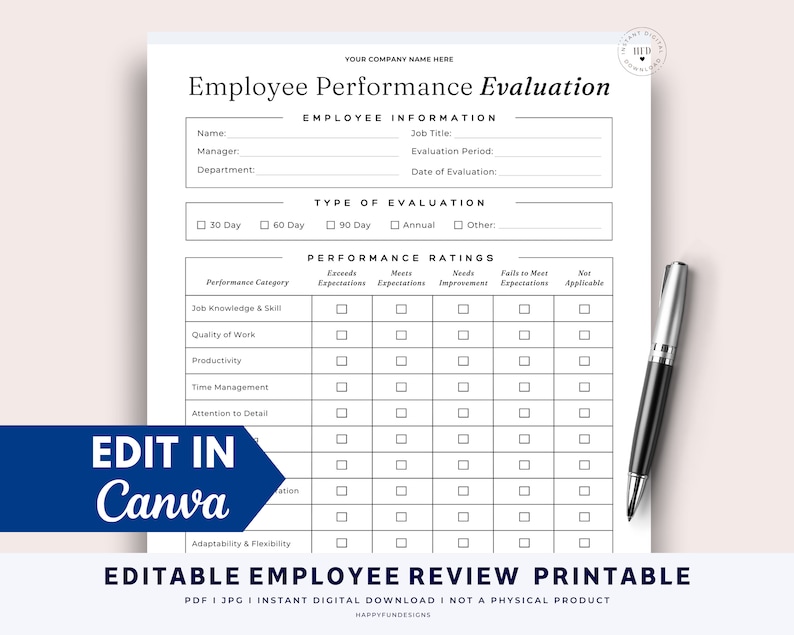 May include: Printable employee performance evaluation form with a grid for rating job knowledge, quality of work, productivity, time management, attention to detail, and adaptability. The form includes sections for employee information, type of evaluation, and performance ratings.